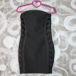 IRIS Wmns Sz M Francesca’s Collection Black Lace Up Corset Bodycon Mini Dress